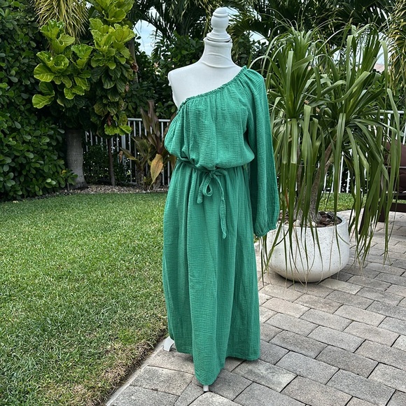 J & L PARIS GREEN COTTON ONE SHOULDER DRESS WITH BELT - Picture 2 of 12